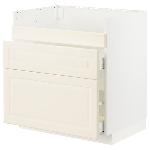 White kitchen cabinet, square, traditional off-white with bevelled edges, solid & sturdy, smooth-running drawers.