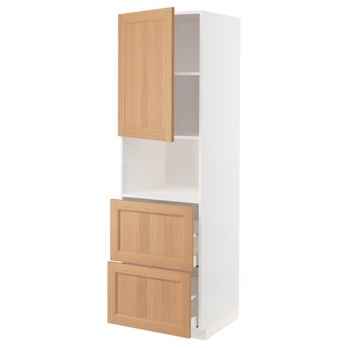 A white METOD kitchen cabinet with oak doors, featuring a drawer and adjustable shelf.