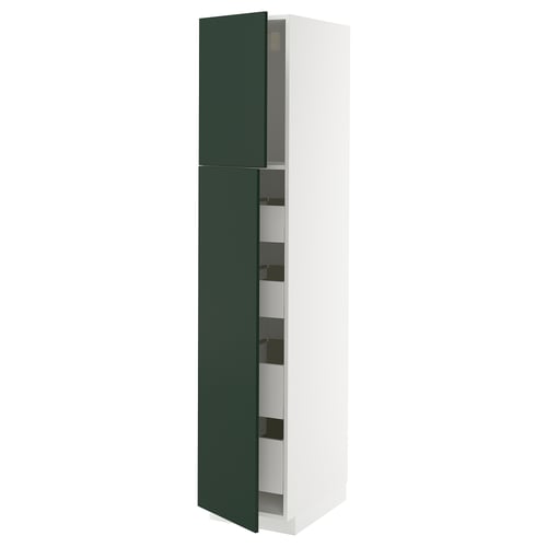 A tall, white METOD kitchen cabinet with dark green doors and built-in drawers. The cabinet modern design with a sleek, rectangular shape.