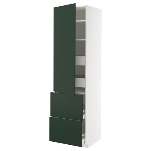 Modern kitchen unit with dark green doors, shelves, and white frame.
