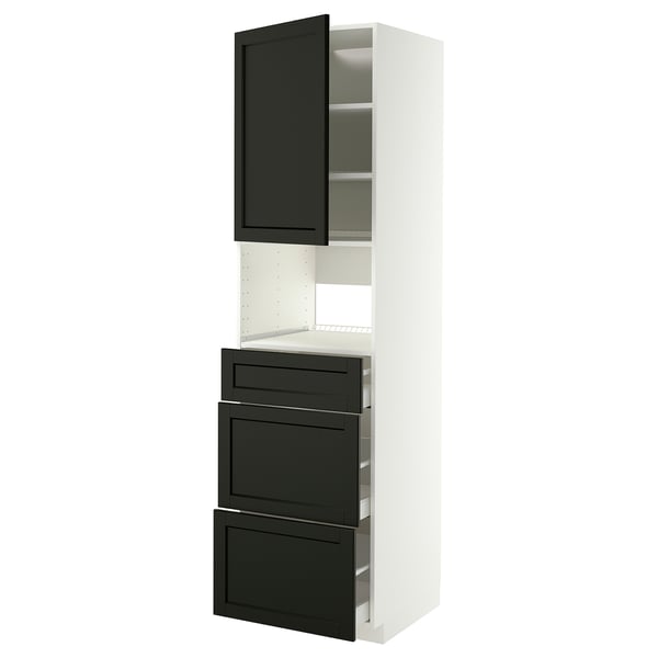 A white METOD kitchen unit with black lerhyttan drawers and doors. It includes shelves and drawers for storage.