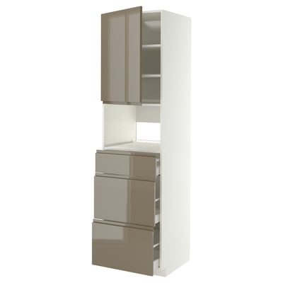 Modern white and grey kitchen unit with glossy drawers and cabinet doors.