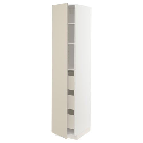 A tall, beige-colored ikea METOD cabinet with three shelves and adjustable hinges.