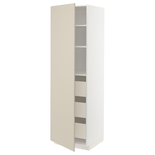 Depicts a tall, white kitchen cabinet with a beige door, featuring multiple shelves inside.