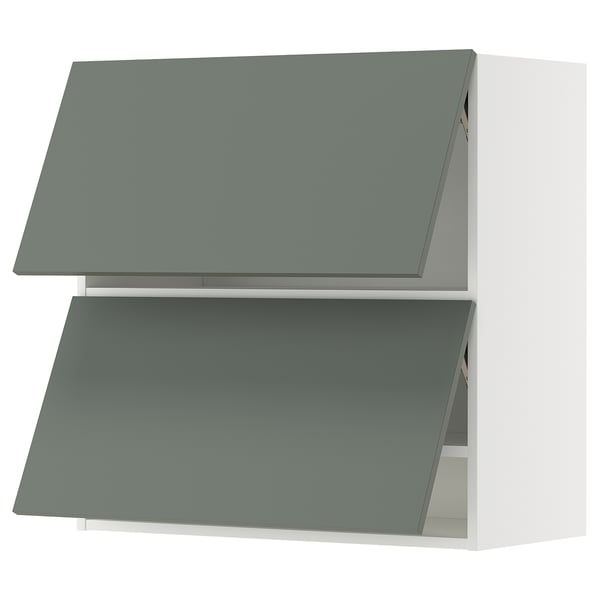 METOD Wall cab horizo 2 doors w push-open, white/Nickebo matt grey-green, 80x37x80 cm