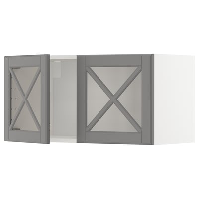 METOD Wall cabinet w 2 glass dr/crossbar., white/Bodbyn grey, 80x37x40 cm