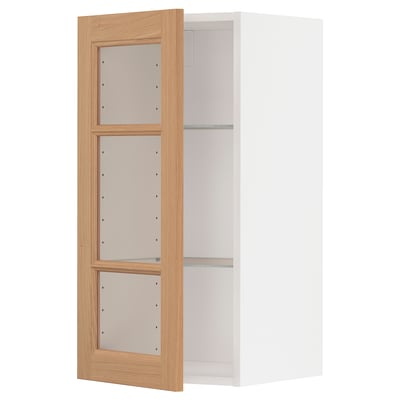 METOD Wall cabinet w shelves/glass door, white/Vedhamn oak, 40x37x80 cm