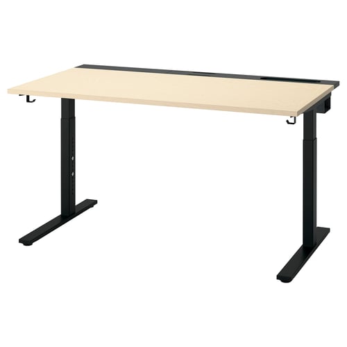 MITTZON desk: light wood top, black metal legs, modern design. Height-adjustable, cable management tray, hooks, and durable finish.