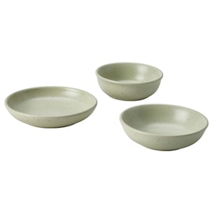Three rustic light green bowls, stacked. Subtle speckles, serves snacks or organises.