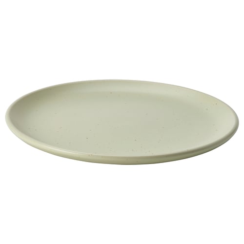 Light green round ceramic plate with speckles.
