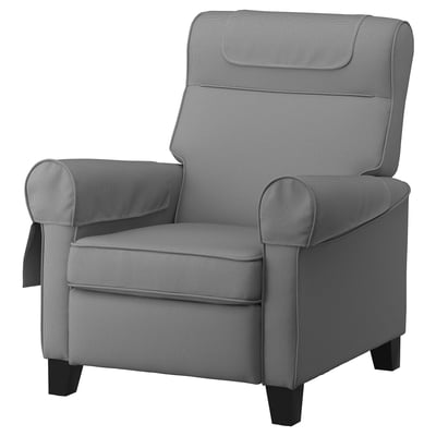 MUREN grey recliner chair, textured fabric, high back, rolled arms, dark wood legs.