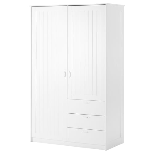 A white MUSKEN wardrobe with two doors and three drawers. It has a modern design with sleek lines and adjustable shelves.