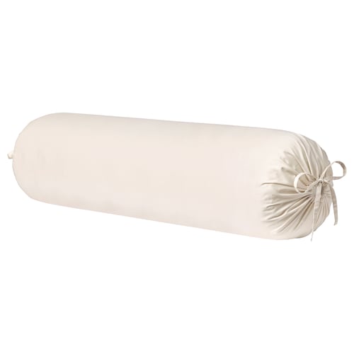 Cylindrical ivory bolster pillow, smooth sateen material, tied ends, nattajjasmin.