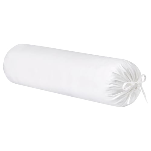 White silk-like bolster pillow, cylindrical shape, tied ends, luxurious decor.