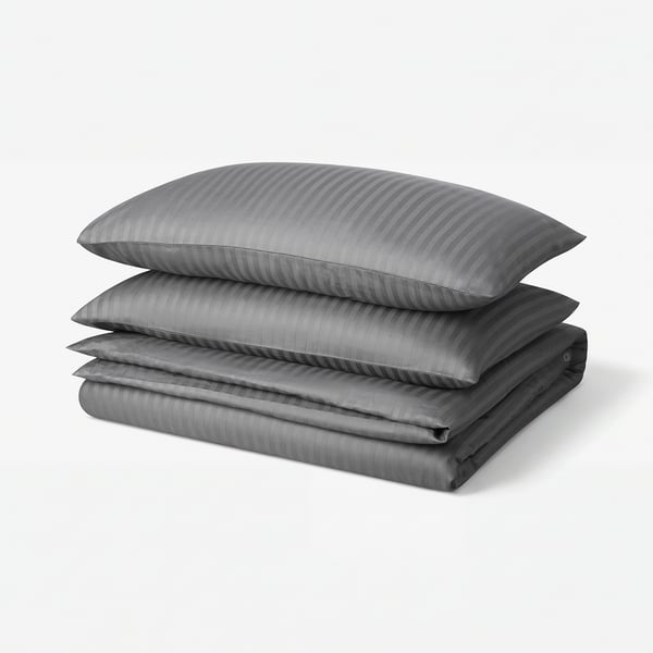 Grey NATTJASMIN striped duvet set, neatly folded. Cotton & lyocell, soft & luxurious, moisture-absorbing.