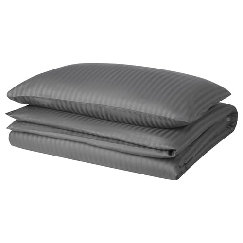 NATTJASMIN duvet set, dark grey, striped sateen fabric, cotton/lyocell blend, neatly folded in a rectangular shape.
