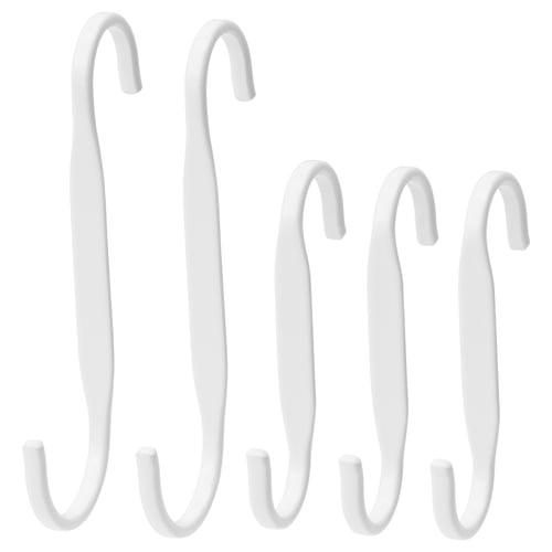 Four white s-shaped hooks in a row. Ideal for hanging items. Made of steel and galvanised with powder coating.