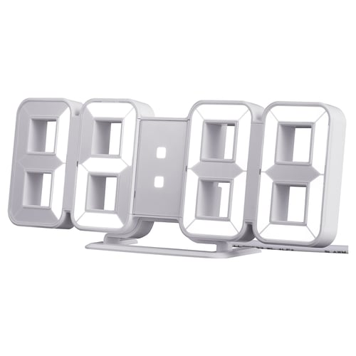 Modern white alarm clock with large clear digits, adjustable brightness, usb powered, and sleek rectangular shape.