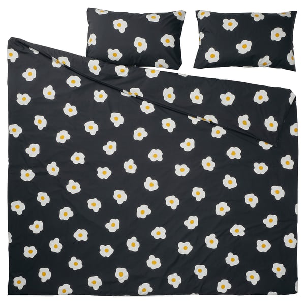 ÖGONLOCKSMAL Duvet cover and 2 pillowcases, black/white/yellow, 200x200/50x80 cm