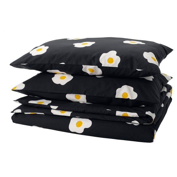 ÖGONLOCKSMAL Duvet cover and 2 pillowcases, black/white/yellow, 200x200/50x80 cm