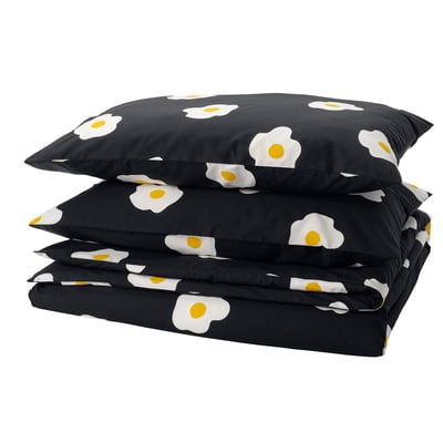 ÖGONLOCKSMAL Duvet cover and 2 pillowcases, black/white/yellow, 200x200/50x80 cm