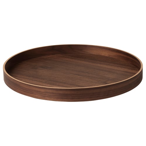 Brown wooden round tray, minimalist design, beech/veneer material.