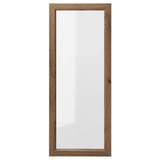 OXBERG, wooden-framed mirror, rectangular, natural wood colour, halves reflective glass panel, simple design.