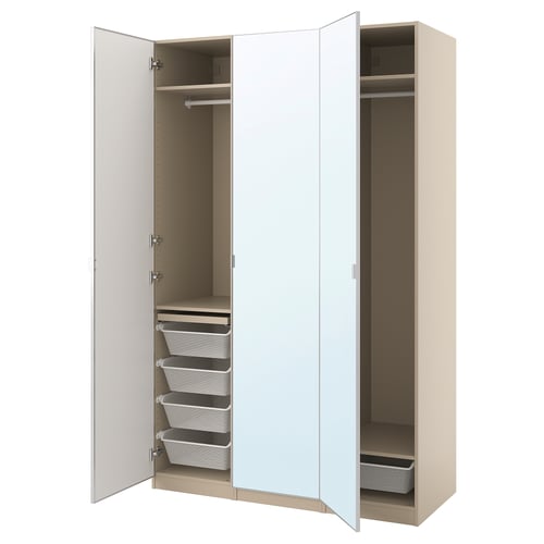 An open white PAX wardrobe with multiple compartments, including shelves and mesh baskets.