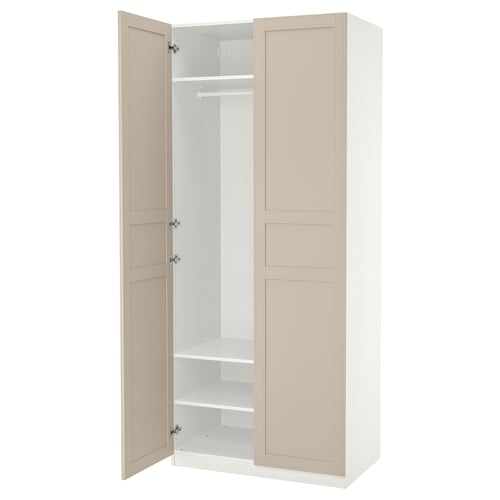 PAX wardrobe, white and beige, rectangular, slim frame, two doors, soft-close hinges.