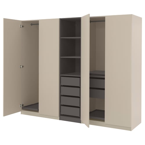 An open beige PAX wardrobe with shelves and drawers, featuring a modern design.