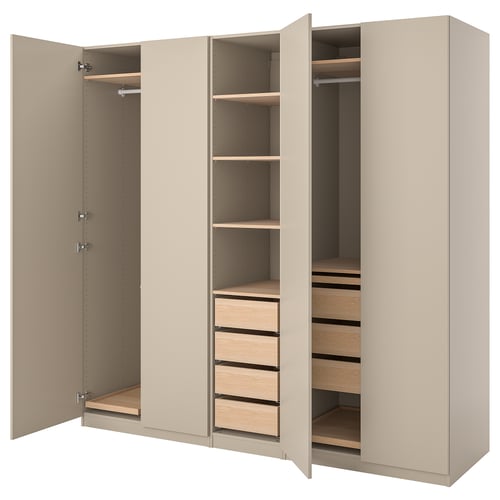 PAX wardrobe, beige, with open doors revealing shelves and drawers. Modern storage design, beige finish, rectangular shape.