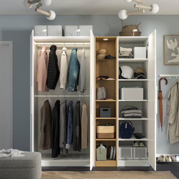 PAX / FORSAND Wardrobe combination, white white/oak effect, 185x60x201 cm