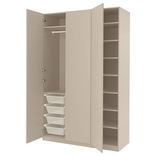 Beige ikea PAX wardrobe with open doors, shelves, rod, and baskets.