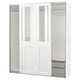 A white PAX wardrobe with glass doors, displaying an organised interior with shelves and hanging space.