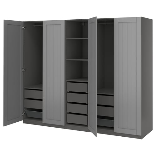 Grey PAX wardrobe with 2 doors open, shelves, drawers, and mesh baskets.