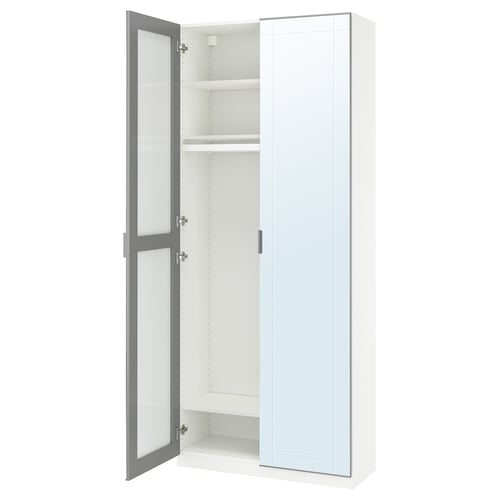 White PAX wardrobe with mirrored door, simple design, adjustable feet, and silver handles.
