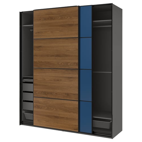 A modern PAX wardrobe with a wood finish, sliding blue doors, and open shelves.