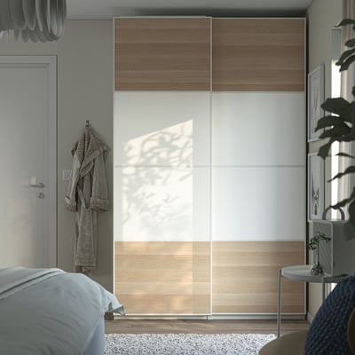 PAX / MEHAMN Wardrobe combination, white/double sided white stained oak effect, 150x43x236 cm