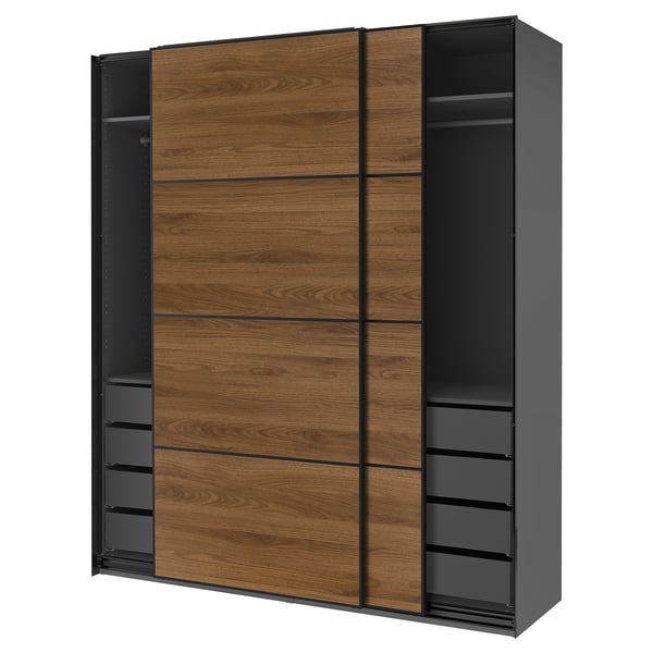PAX wardrobe with dark brown wood doors and black trim, featuring drawers and shelves. Sliding doors.