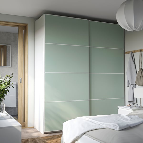 PAX / MEHAMN Wardrobe with sliding doors, white/double sided light green, 200x66x236 cm