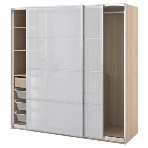 Modern light-colored wooden wardrobe with sliding doors and compartments.
