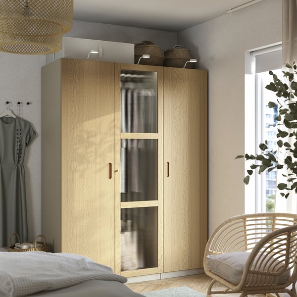 PAX / TONSTAD Wardrobe combination, grey-beige/oak veneer glass, 150x60x201 cm