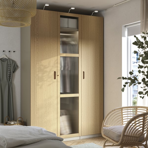 PAX / TONSTAD Wardrobe combination, grey-beige/oak veneer glass, 150x60x236 cm