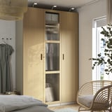 PAX / TONSTAD Wardrobe combination, grey-beige/oak veneer glass, 150x60x236 cm