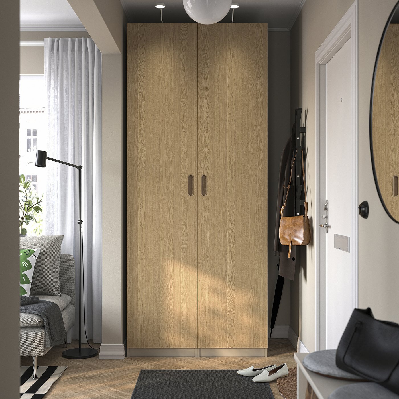 PAX / TONSTAD wardrobe combination, grey-beige/oak veneer