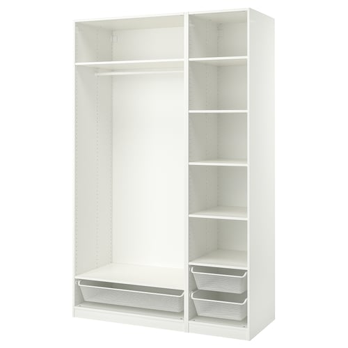 A white ikea PAX wardrobe with empty shelves and mesh baskets at the bottom.