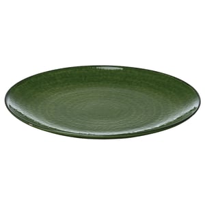 Green stoneware plate, glossy finish, classic shape, nature-inspired design.
