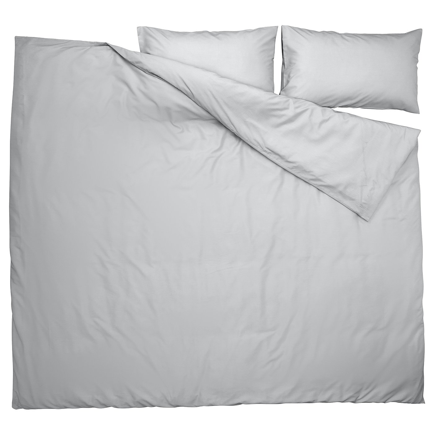Light grey duvet cover set with pillowcases, plain design, smooth material.