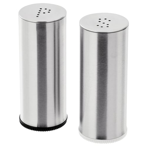 Set of two silver metallic, cylindrical shaped salt and pepper shakers, one with a black base. Made of stainless steel and plastic.