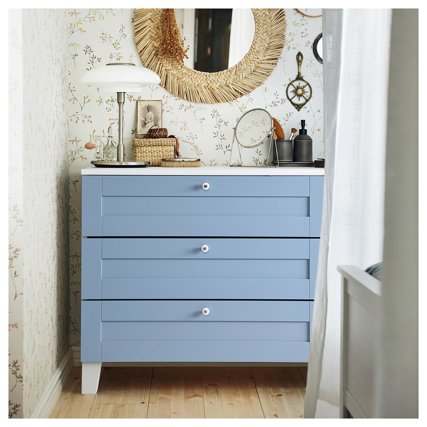 PLATSA chest of 3 drawers, white/Sannidal blue, 80x57x73 cm - IKEA